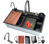 Black Stainless Steel Waterfall Workstation Sink with Pull-out Faucet Nano Coating Single Bowl Top-Mount Siphon & Overflow Drain Set for Kitchen Bar #1A