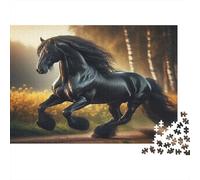 Black Stallion Galloping Adult Jigsaw Games: Black Horse in Field Challenging & Brainteasing for Decompression 38x26cm/1000pcs