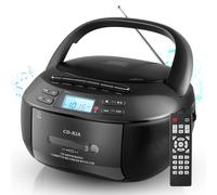 (Black, US Standard) Boombox portatile Bluetooth con lettore di cassette, CD, nastri e radio AM/FM.