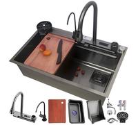Black Waterfall, Large Single Bowl Stainless Steel with 360° Pull-out Faucet, LED Display, Siphon, & Drain Set - Modern Kitchen Bar Prep (Black#0B1,70x50cm)