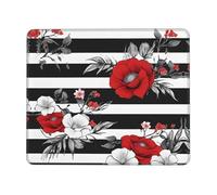 (Black White Stripes Red Rose Flowers) Tappetino per Mouse Bordo Cucito Tappetini per Il Mouse Lavabile Mousemat per Casa Pc Laptop 25X30Cm
