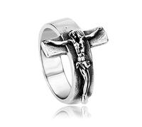 BlackAmazement Anello in acciaio inox 316L con croce e Gesù Crocifisso, argento, uomo e donna