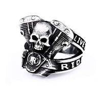 BlackAmazement Anello in acciaio inox 316L Live to Ride Ghost Rider con teschio a V motore nero motociclista uomo, Acciaio inossidabile,