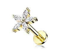 BlackAmazement Orecchini a labret monroe trago Helix in acciaio inox 316L, fiore fiore 6 mm, 8 mm, zirconi CZ rosa oro argento da donna (colore oro, lunghezza barretta: 6 mm)