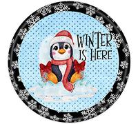 Blackia Targa rotonda in metallo rustico, decorazione da parete con pinguino natalizio Winter is Here, adatta per casa, giardino, cucina, bar, caffetteria, garage, retrò, vintage, 30,5 x 30,5 cm