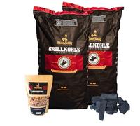 BlackSellig Carbonella per barbecue Steakhouse - Carbone Premium Quebracho Blanco | Lunga durata | Alta temperatura | Bassa produzione di fumo (20 kg + 360 g di chip per affumicatore)