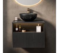 Bladez Lavabo sospeso da 60 cm, con illuminazione a LED e lavabo in ceramica, con cassetto e scaffale, superficie con motivo pietra, lavabo con base (nero, 60 cm)