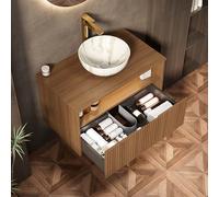 Bladez Lavabo sospeso da 80 cm, con illuminazione a LED e lavabo in ceramica, con cassetto e scaffale, superficie con motivo pietra, lavabo con base (legno, 80 cm)