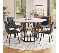 Bladez Moderno set da 5 pezzi, tavolo da pranzo esagonale con effetto marmo, pannello MDF 115 x 100 x 75 cm, 4 sedie in velluto grigio, struttura in metallo, per 4 persone (grigio + nero)