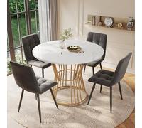 Bladez Set da 5 pezzi, tavolo da pranzo rotondo con effetto marmo, pannello MDF 100 x 100 x 76 cm, 4 sedie in velluto nero, struttura in metallo dorato, per 4 persone (oro+grigio)