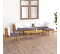 Bladez Set da 7 pezzi da giardino in legno di acacia massiccio con cuscino, mobili da esterno per terrazza e giardino, durevole e resistente alle intemperie, rivestimento in 100% poliestere