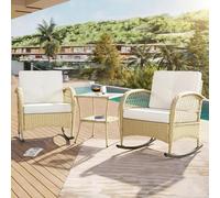 Bladez Set di 3 mobili da balcone in rattan con set di 2 sedie a dondolo, mobili da balcone con tavolo in vetro e cuscino, per esterni, per 2 persone, per balcone, giardino (beige)