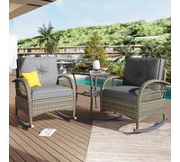 Bladez Set di 3 mobili da balcone in rattan con set di 2 sedie a dondolo, mobili da balcone con tavolo in vetro e cuscino, per esterni, per 2 persone, per balcone e giardino (grigio)