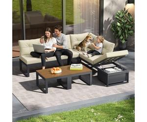 Bladez Set di 5 mobili da giardino modulari con cuscino per 4 persone, divano da esterno a forma di L con schienale regolabile e spazio di archiviazione, resistente alle intemperie, per terrazza