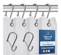 Blau Marité 12 ganci in metallo a forma di S per tenda doccia, con chiusura di sicurezza, anelli per bagno, Argento, compatibili con barre fino a 2,6 cm