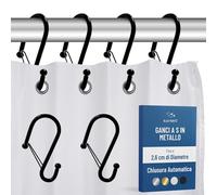 Blau Marité 12 ganci in metallo a forma di S per tenda doccia, con chiusura di sicurezza, anelli per bagno, Nero, compatibili con barre fino a 2,6 cm