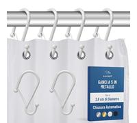Blau Marité 12 Ganci per Tenda da Doccia in Metallo a Forma di S con Sistema Anticaduta, Anelli per Tenda con Chiusura di Sicurezza, Compatibili con Barre fino a 2,6 cm di Diametro (S, Bianco)
