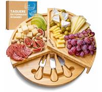 BlauKe Tagliere per Formaggi e Set di Coltelli per Formaggio - Tagliere in Legno per Aperitivo o Salumi - Set Aperitivo Accessori - Vassoio da Portata Girevole in Bamboo 37cm - Idee Regalo