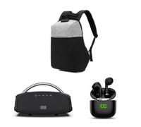 BLAUPUNKT Pack Trio Easy Outdoor - Cassa Bluetooth potente con LED, Auricolari Bluetooth con custodia ricarica wireless LED, Zaino da viaggio 40x30x20 cabina