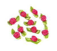 Blausky 100 pezzi Fiori Artificiali Rose, Rose con Fiocco e Foglia, Mini Rose in Tessuto di Raso, Patch di Rose Decorative per Cucito, Perline per Capelli, 3,2x1,8 cm, Rosa