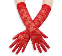 Blausky Spitzenhandschuhe Damen,elastisch Fingerhandschuhe Spitze Handschuhe mit Rosenmuster für Hochzeit Braut Oper Party,Kostüm Zubehör Vintage,Handschuhe für Bühne Abendkleid 23cm,Rot