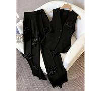 Blazer aderente senza maniche e pantaloni dritti con vita elastica e tasche, motivo floreale 3D, adatto per l'ufficio e il tempo libero, taglia comoda per donna, primavera/estate 0XL,1XL,2XL,3XL,4XLCo
