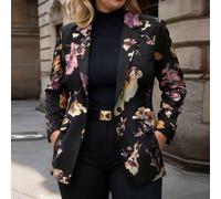 Blazer con stampa floreale e maniche lunghe con tasche, elegante e casual, adatto per tutte le stagioni, taglia grande, nero, per vacanze primaverili 0XL,1XL,2XL,3XL,4XLStampa CasualeTessuto in maglia