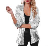 Blazer da donna a maniche lunghe con paillettes, scintillante giacca da festa, risvolto con paillettes, ideale per feste autunnali e look da discoteca, casual ma glamour (M argento)