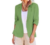 Blazer da donna con maniche a 3/4 in lino e cotone, leggero e confortevole, giacca aperta per le mezze stagioni, giacca casual da lavoro, tinta unita, elegante e con tasche, verde, L