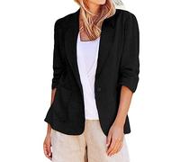 Blazer da donna con maniche a 3/4 in lino e cotone, leggero e confortevole, giacca aperta per le mezze stagioni, giacca casual da lavoro, tinta unita, elegante e con tasche, Nero , M
