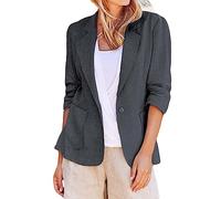Blazer da donna con maniche a 3/4 in lino e cotone, leggero e confortevole, giacca aperta per le mezze stagioni, giacca casual da lavoro, tinta unita, elegante e con tasche, grigio scuro, XXL