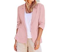 Blazer da donna con maniche a 3/4 in lino e cotone, leggero e confortevole, giacca aperta per le mezze stagioni, giacca casual da lavoro, tinta unita, elegante e con tasche, Colore: rosa., L