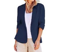 Blazer da donna con maniche a 3/4 in lino e cotone, leggero e confortevole, giacca aperta per le mezze stagioni, giacca casual da lavoro, tinta unita, elegante e con tasche, Blu scuro, L