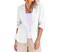 Blazer da donna con maniche a 3/4 in lino e cotone, leggero e confortevole, giacca aperta per le mezze stagioni, giacca casual da lavoro, tinta unita, elegante e con tasche, bianco, L