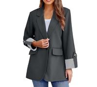 Blazer da donna, elegante, con maniche a risvolto, aperto sul davanti, con colletto a risvolto, da lavoro, ufficio, per le mezze stagioni, multicolore, comoda giacca per il tempo libero, grigio., XXL
