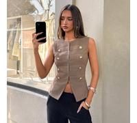 Blazer da donna elegante per uso quotidiano, design minimalista con collo rotondo, stile Napoleone, colore cachi, senza maniche, con vita stretta e decorazioni in metallo L,M,S,XL,XS,XXL,XXS,XXXL,XXXX