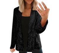 Blazer da donna in argento, oversize, blazer da donna, elegante, a maniche lunghe, con paillette, con brillantini, elegante giacca corta, tinta unita, per feste, outwear, Nero , XXXL