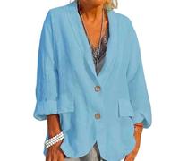 Blazer Da Donna In Cotone E Lino Maniche Lunghe Blazer Da Donna In Lino Giacca Estiva con Revers E 2 Bottoni Giacca Casual Primavera Estate per Ufficio Abbigliamento Quotidiano Azzurro Cielo L
