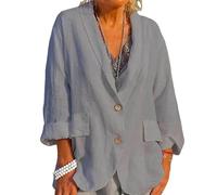 Blazer Da Donna In Cotone E Lino Maniche Lunghe Blazer Da Donna In Lino Giacca Estiva con Revers E 2 Bottoni Giacca Casual con Tasche Primavera Estate per Lavoro Ufficio Uso Quotidiano Grigio L