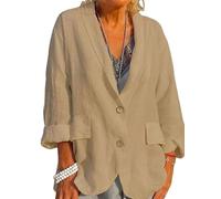 Blazer Da Donna In Cotone E Lino Maniche Lunghe Blazer In Lino Da Donna Giacca Estiva con Revers E 2 Bottoni con Tasche Cappotto Casual Primavera/Estate per Ufficio E Uso Quotidiano Kaki Taglia Xl