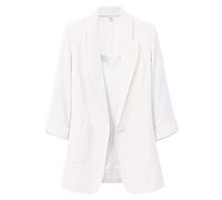 Blazer da donna, sportivo, elegante, lungo, oversize, blazer da donna, lungo, aperto, con tasche, giacca a 3/4, maniche casual, da ufficio, leggero, per affari, blazer in cotone e lino, bianco, XL