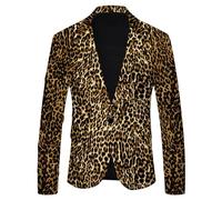 Blazer da uomo con motivo leopardato, con risvolto dentellato, slim fit, giacca sportiva leggera, da uomo, per balli di fine anno, smoking party, classico, casual, blazer, giallo., XXL