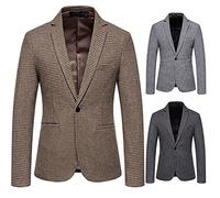 Blazer da uomo pied de poule con scollo a V, blazer scozzese da uomo con un bottone, giacche alla moda a maniche lunghe comode e versatili, eleganti abiti da gentiluomo, smoking casual da uomo, cachi