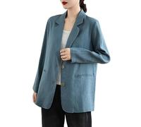 Blazer Di Lino Da Donna Giacca Estiva A Maniche Lunghe Completo con Revers A Tacca Cappotto Da Ufficio Blazer Casual A Due Bottoni Giacche con Tasche Abbigliamento Da Lavoro Capospalla Blu Scuro L