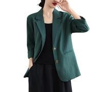 Blazer Di Lino Da Donna Giacca Estiva A Maniche Lunghe Completo con Revers A Tacca Cappotto Da Ufficio Blazer Casual A Due Bottoni Giacche con Tasche Abbigliamento Da Lavoro Capospalla Verde L