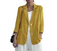 Blazer Di Lino Da Donna Giacca Estiva A Maniche Lunghe Completo con Revers A Tacca Cappotto Da Ufficio Blazer Casual A Due Bottoni Giacche con Tasche Abbigliamento Da Lavoro Capospalla Giallo L
