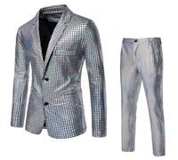 Blazer Discoteca 2 Pezzi Uomo, Giacca Pantaloni Lucidi Anni '70 E '80, Costume Festa Discoteca, Abito Con Paillettes Halloween, Carnevale Cosplay, Abito Glitterato Uomo A Maniche Lunghe(Silver,S)