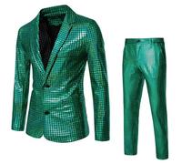 Blazer Discoteca 2 Pezzi Uomo, Giacca Pantaloni Lucidi Anni '70 E '80, Costume Festa Discoteca, Abito Con Paillettes Halloween, Carnevale Cosplay, Abito Glitterato Uomo A Maniche Lunghe(Green,XXL)