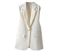 Blazer Donna Elegante,Donna Blazer Senza Maniche Lungo Gilet Da Ufficio Completamente Foderato con Tasche A Patta Elegante Giacca con Revers A Un Bottone con Tacca Top Gilet Formale Abito Bianco Cre
