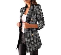 Blazer Doppiopetto Elegante da Donna con Revers E Stampa A Quadri Giacca Casual Comoda E alla Moda Stile retrò da Ufficio A Maniche Lunghe (Nero,S)